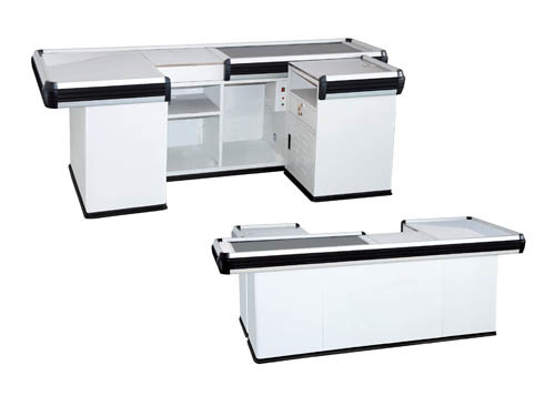 China Silver White Retail Checkout Counter / Cash Register Desk With Conveyor Belt supplier