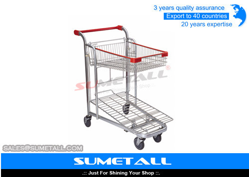 China Strong Metal Supermarket Shopping Trolley Cargo Trolley With 2 Layer supplier