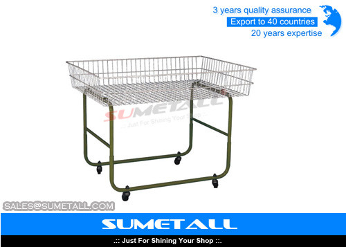 China Movable Metal Wire Storage Baskets Wire Promotion Table With 4 Wheel supplier