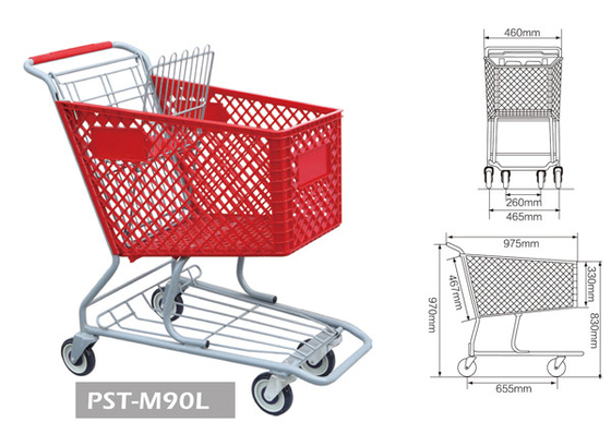 China plastic trolley ,supermarket basket with wheels,plastic shopping trolley baskets supplier