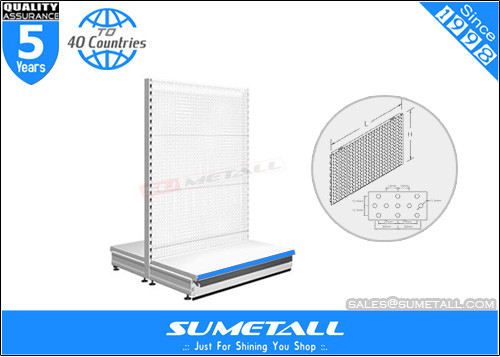 China Movable Steel Gondola Retail Display Shelving 50mm Pitch Hole With Pegboard supplier