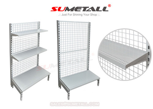 China Multi Layer Retail Store Shelving / Retail Wall Display Shelves With Mesh Grid Back Panel supplier