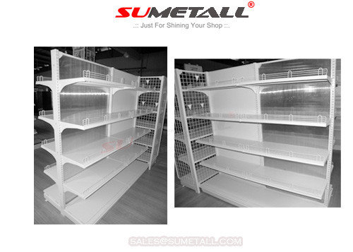 China Metal Drug Store Gondola Retail Display Shelving With Clear PVC Backing Panel supplier