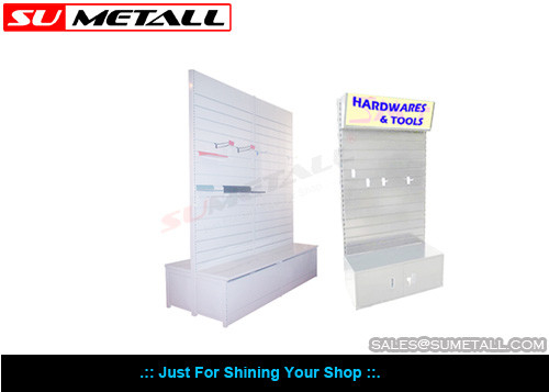 China Double Sided Supermarket Display Shelf , Grocery Store Fixtures Slat Panel Backing supplier