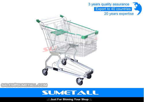 China Strong Structure Supermarket Shopping Trolley With Green Plastic Baby Seat supplier