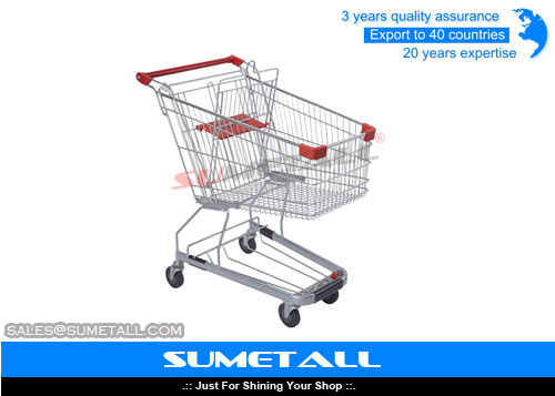 China Supermarket Shopping Trolley On PU Wheels , Strong Store Shopping Cart Four Wheel supplier
