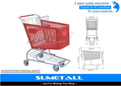 China Red Color Plastic Shopping Cart With Four Wheel 125L For Grocery Store supplier