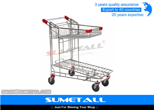 China Two Layer Supermarket Grocery Shopping Cart / Metal Shopping Trolley Heavy Duty supplier