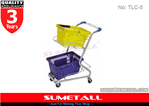 China High Grade Steel Supermarket Shopping Trolley Cart For Two Plastic Baskets supplier