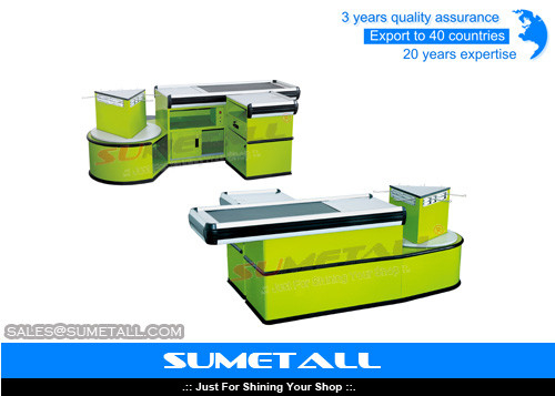 China Green Color Supermarket Checkout Counter Cash Desk With Stainless Steel Table Surface supplier